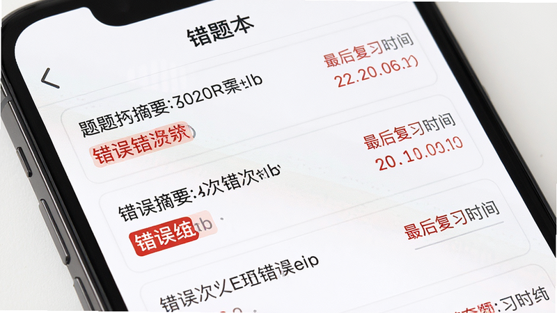 主体为手机应用界面特写,显示“错题本”页面,布局为列表形式,每条记录包含题目摘要、错误次数和最后复习时间,排版紧凑有序,风格为白色背景配深灰文字,细节处有红色标记错误状态,画质高清,干净,无多余元素