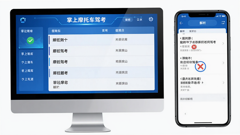 主体为电脑屏幕与手机并排展示,屏幕上显示“掌上摩托车驾考”的题库列表界面,手机界面显示一道判断题及其解析,布局左右对称,排版清晰易读,风格为科技感蓝色界面,细节处有对勾和叉号图标,画质清晰,干净,无多余元素