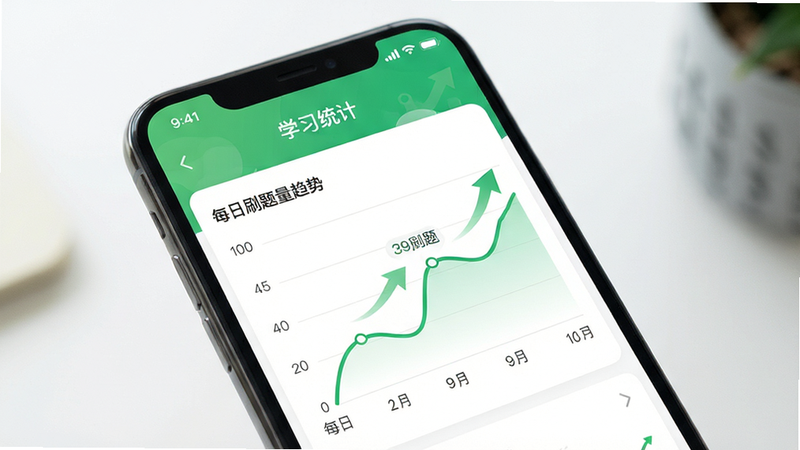 主体为手机应用界面,显示“学习统计”图表,布局为折线图展示每日刷题量,排版美观,风格为清新绿色系,细节处有趋势箭头,画质高清,干净,无多余元素