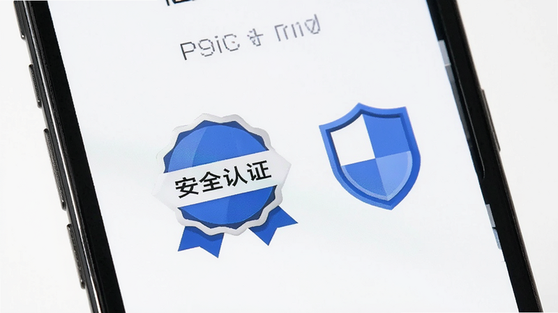 主体为手机界面,显示“安全认证”徽章,旁边有盾牌图标,背景为白色,文字清晰,风格简洁,高清,无多余元素