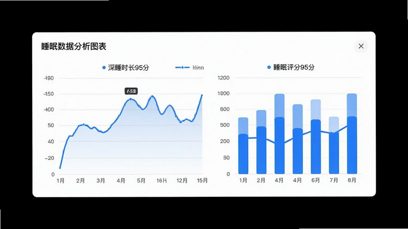 睡眠数据分析图表,包含折线图与柱状图,显示“深睡时长”、“睡眠评分95分”,界面简洁现代,白色背景,蓝色数据线条,高清,无杂乱文字