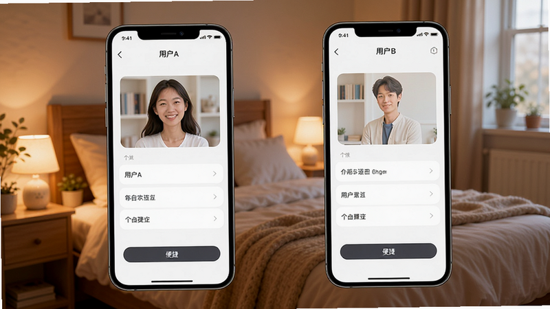 两个手机屏幕并排,分别显示“用户A”和“用户B”的个性化设置界面,背景为温馨卧室,强调个性化与便捷性,柔和光线,高清,无多余元素
