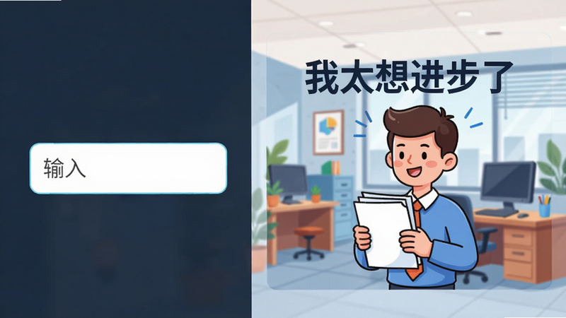 手机界面展示图片生成过程,左侧是输入框,右侧是生成的图片预览,图片内容为卡通人物拿着文件,上方文字为“我太想进步了”,背景为办公室场景,布局左右分栏,排版清晰,风格为科技感插画,细节丰富,画质清晰,干净,无多余元素