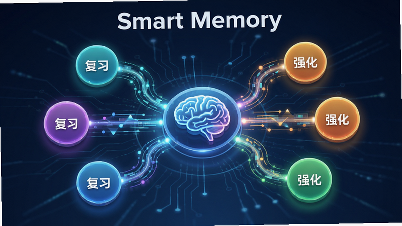 主体为 Dailylingo 的记忆算法逻辑示意图,中心是一个大脑图标,向外辐射出多条连接线,连接着不同颜色的记忆节点,节点上标有