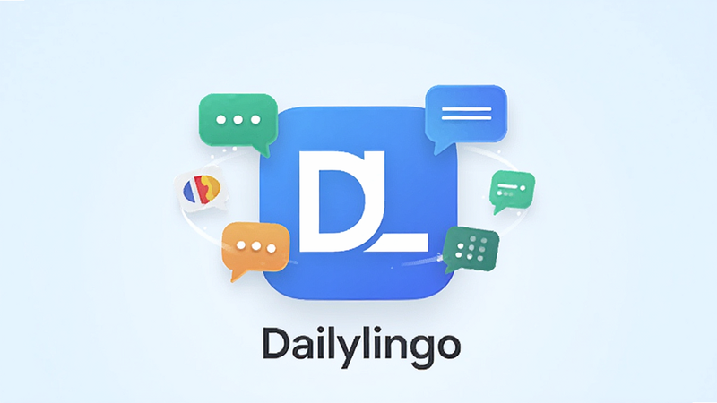 主体为 Dailylingo 安卓应用主界面展示,背景为干净的浅蓝色渐变,中央悬浮着应用图标,图标设计简洁现代,包含字母 D 和 L 的组合,周围环绕着几个代表语言气泡的图形元素,布局居中对称,排版整洁,风格清新扁平化,细节处体现科技感,画质高清,干净,无多余元素,文字