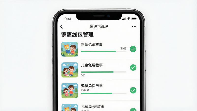һ��չʾ����ͯ��ѹ��¡�APP�������ع��ܵĽ���ʾ��ͼ������Ϊ�ֻ���Ļ����ʾ�����߰�������ҳ�棬�б����ж�������صĹ�����Ŀ���Ҳ���ʾ�����������״̬ͼ�꣬����Ϊ��ɫ�����ּ�࣬����ִ���Լ��ϸ�����������ʸ��壬�ɾ����޶���Ԫ��