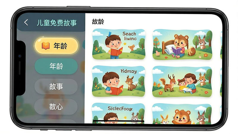 һ��չʾ����ͯ��ѹ��¡�APP���·���ҳ��Ľ����ͼ������Ϊ�ֻ���Ļ����Ļ��Ϊ��������������Ϊ�����ǩ����ѡ��״̬������Ϊ�����б���Ƭ����Ƭ���п�ͨ��ͼ���Ű�������򣬷�����»��ã�ϸ�����������ʸ��壬�ɾ����޶���Ԫ��