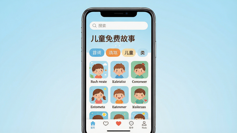 һ��չʾ����ͯ��ѹ��¡�APP��ҳ������ֻ�ģ����Ⱦͼ������Ϊ�����ֻ�����Ļ��ʾ��������Ķ�ͯ�����б�ҳ������Ϊ��͵�ǳ��ɫ���䣬�������������������������в�Ϊ�����ǩ���ײ�Ϊ���������Ű����룬�����ܰ��ͨ��ϸ�ڷḻ�����ʸ��壬�ɾ����޶���Ԫ��