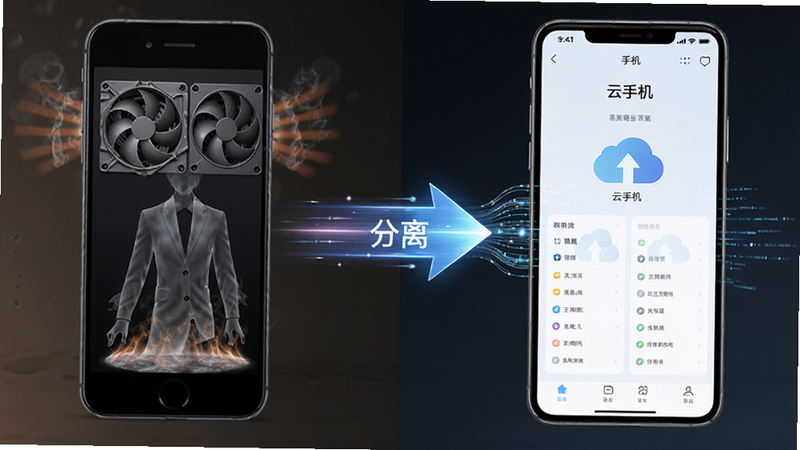 对比图,左侧为发烫的传统手机,右侧为凉爽的云手机界面,中间由光速箭头连接,主体突出“分离”概念,布局左右对称,风格写实与科技结合,细节展示散热风扇与数据流,画质清晰,干净