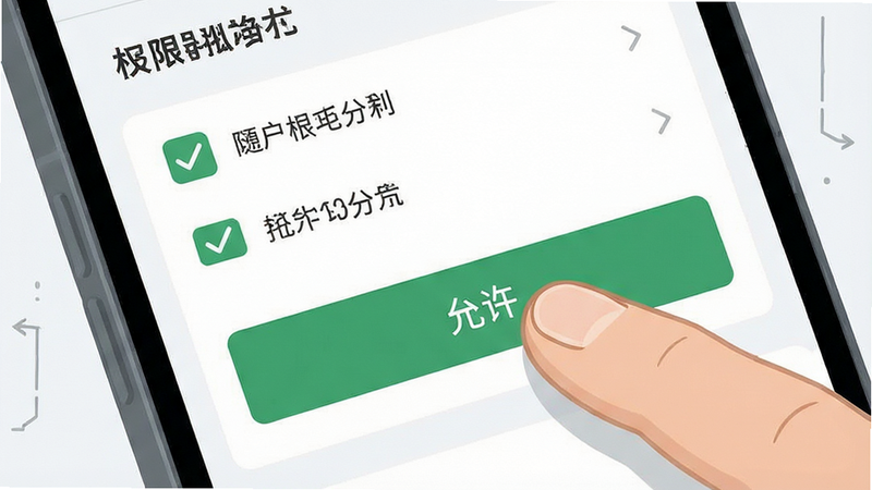 一张操作指南风格的插图,主体为手机屏幕特写,显示权限设置界面,手指点击“允许”按钮,布局聚焦于屏幕中央,风格简洁UI设计,细节包含勾选框与文字标签,画质清晰,干净