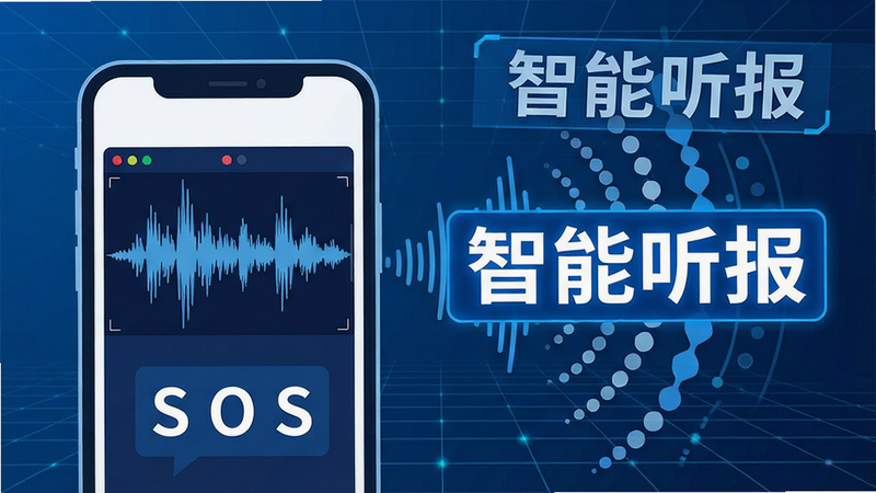 软件功能示意图,展示“智能听报模式”,画面左侧为手机屏幕,显示波形图和实时识别出的字母“S O S”,右侧为声波扩散的抽象图形,背景为科技感网格,风格扁平化,细节丰富,色彩以蓝白为主,文字“智能听报”高亮显示,布局左右平衡,画质清晰,无杂乱背景