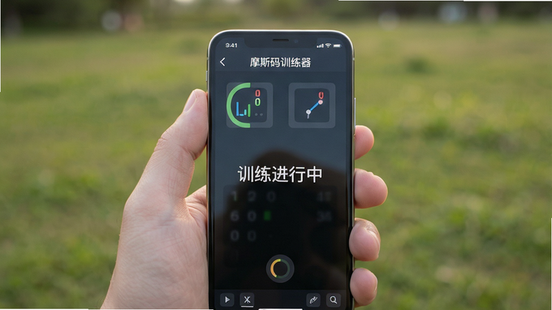 手机使用场景图,画面显示一只手握着智能手机,屏幕显示“摩斯码训练器”运行界面,背景为模糊的户外草地,光线柔和,风格写实,细节清晰,文字“训练进行中”在屏幕中央,布局自然,画质高清,无多余装饰