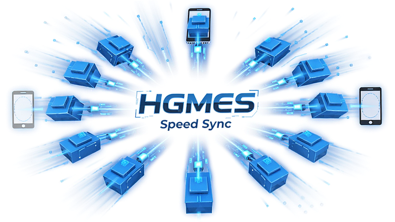 展示数据流动的动态效果,中心为HGMES Logo,周围环绕着蓝色数据包流向手机图标,背景纯白,布局中心放射状,风格科技感,细节包含速度线、光效,画质清晰,无多余装饰,文字标注