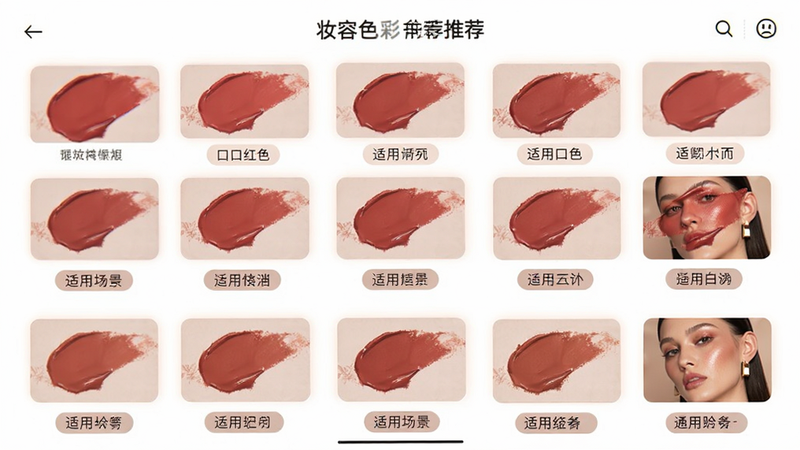 主体为妆容色彩推荐界面,布局列表式展示,排版清晰易读,风格时尚美妆风,细节包含口红色号试色图与适用场景标签,画质细腻,干净无多余元素