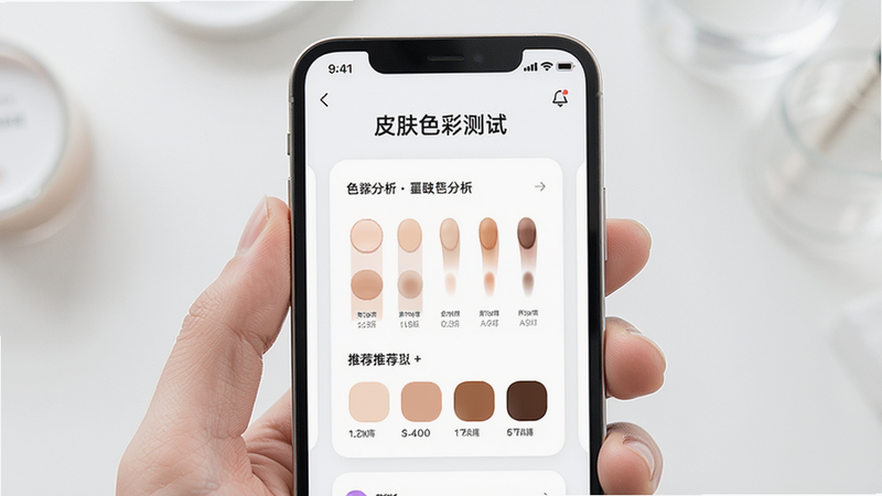 主体为手机屏幕展示“皮肤色彩测试”APP界面,布局为居中卡片式设计,排版简洁现代,风格清新明亮,细节包含肤色分析图表与推荐色块,画质高清8k,干净无多余元素