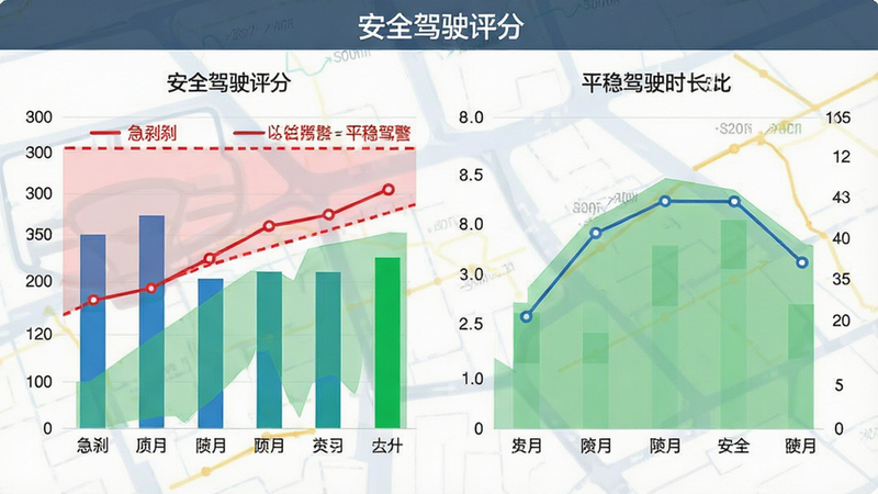主体为驾驶行为分析数据图表,布局为柱状图与折线图组合,展示急刹次数与平稳驾驶时长对比,排版紧凑专业,风格为数据可视化商务风,细节包含红色预警线条与绿色安全区域,画质清晰,干净无多余元素,文字标注“安全驾驶评分”