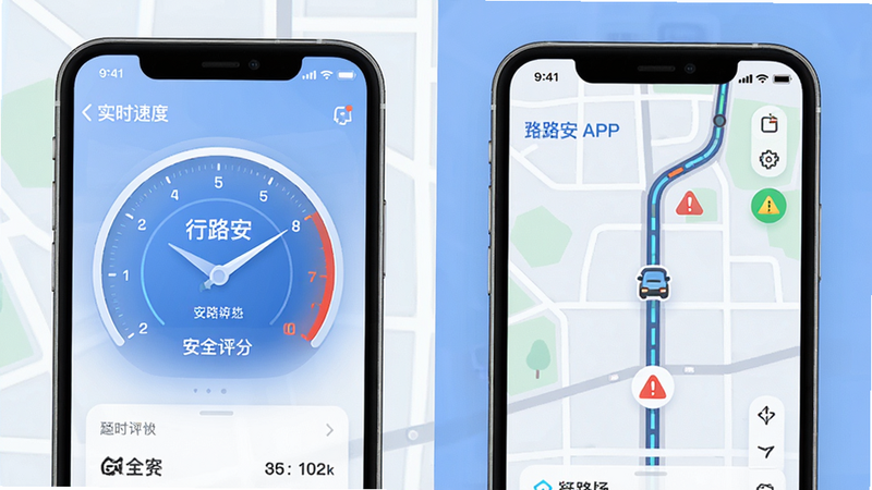 主体为行路安APP的手机界面展示,布局采用左右分屏,左侧显示实时速度与安全评分仪表盘,右侧显示简洁的路况地图与预警图标,排版清晰有序,风格为现代极简科技感,细节包含柔和的蓝色主色调与白色背景,画质高清,干净无多余元素,文字标注“行路安”