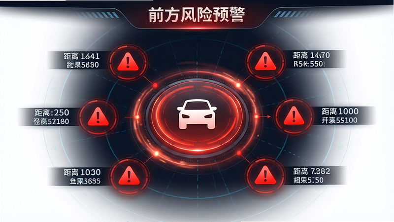 主体为风险预警界面,布局为中心辐射式,中心为车辆图标,周围环绕红色警告图标与距离指示,排版直观醒目,风格为警示科技风,细节包含动态的光晕效果与清晰的距离数字,画质高保真,干净无多余元素,文字标注“前方风险预警”