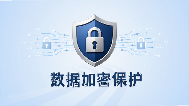 主体为行路安安全认证标志与盾牌图标,布局为中心对称,背景为淡蓝色渐变,排版庄重正式,风格为信任感商务风,细节包含锁形图标与数据流线条,画质高清,干净无多余元素,文字标注“数据加密保护”