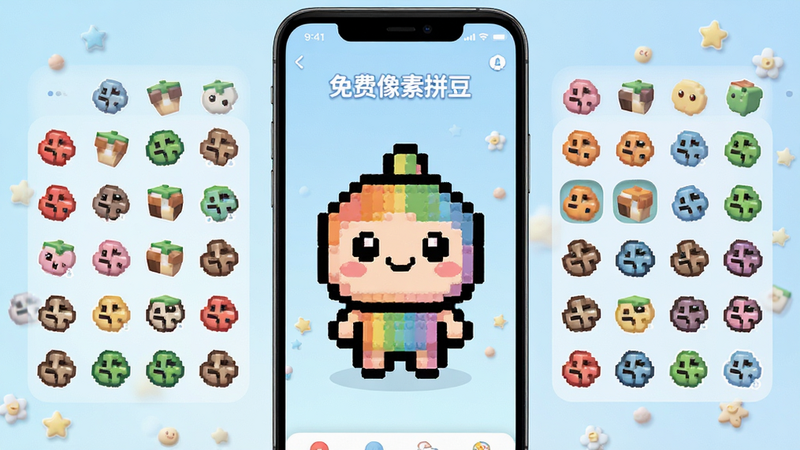 一张高质量手机应用界面预览图,主体为“免费像素拼豆”APP的主界面,背景为柔和的浅蓝色渐变,中央展示一个由彩色像素点组成的可爱卡通形象,周围环绕着各种颜色的拼豆素材库,排版整洁,风格清新可爱,细节丰富,8k分辨率,无多余元素