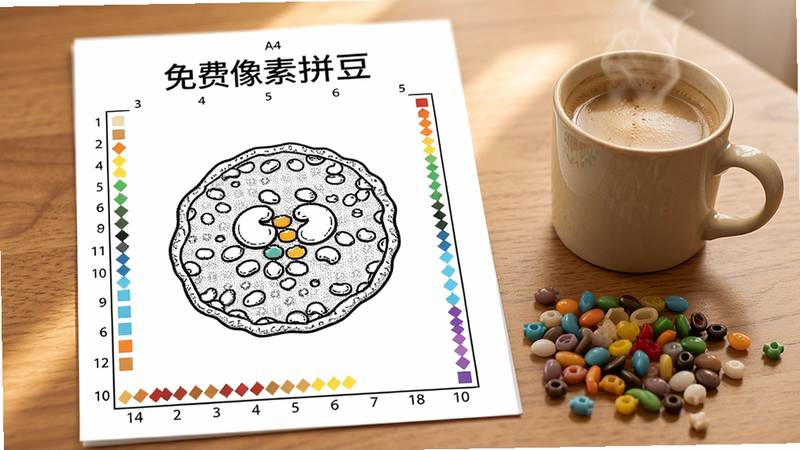 “免费像素拼豆”生成的打印图纸预览,A4纸尺寸,黑白线条清晰,带有数字坐标和色块标记,旁边放着一杯咖啡和彩色拼豆实物,场景温馨,生活化风格,细节真实,高清晰度,无杂乱背景