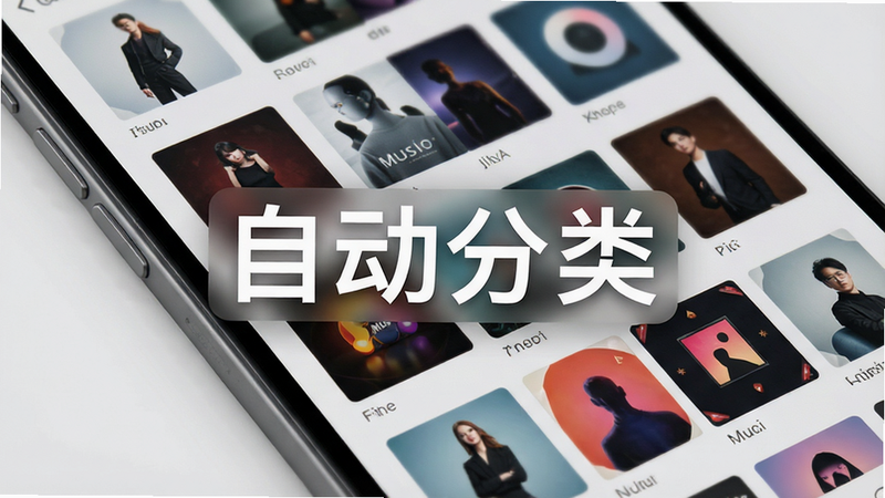 主体为手机屏幕,显示网格状的音乐专辑封面,排列整齐有序,背景为柔和的灰白色,文字标签“自动分类”醒目,风格为现代简约,细节精致,画质高清,干净,无多余元素