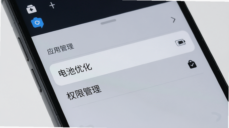 主体为手机设置界面,显示应用管理选项,高亮显示“电池优化”和“权限管理”两项,背景为浅灰色,文字清晰,风格为实用教程风,细节准确,画质高清,干净,无多余元素