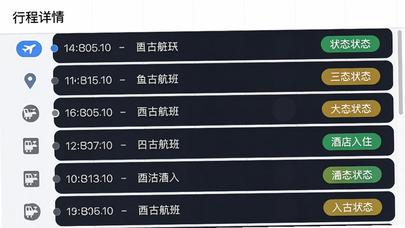 行程管理界面截图,主体为时间轴列表展示,布局为纵向滚动列表,每行包含图标、时间、地点及状态标签,排版紧凑有序,风格为简洁商务风,细节展示航班起飞与酒店入住节点,画质清晰,文字包含'行程详情'