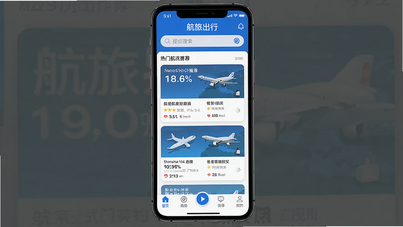 航旅出行App主界面展示,主体为手机屏幕显示首页,布局包含顶部搜索栏、中部热门航线推荐卡片、底部导航栏,排版清晰整洁,风格为现代扁平化科技风,细节处体现蓝色品牌色调,画质高清,干净无多余元素,文字包含'航旅出行'