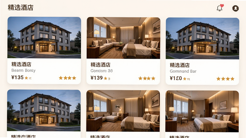 酒店预订界面,主体为酒店卡片列表,布局为网格状排列,每个卡片包含图片、名称、价格及评分,排版美观,风格为温馨舒适风,细节展示酒店外观与内部设施,画质细腻,文字包含'精选酒店'
