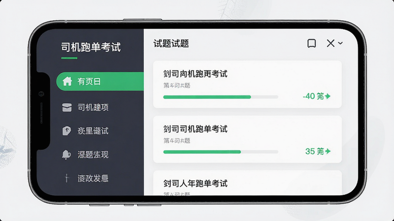 主体是手机屏幕,显示“司机跑单考试”APP界面,布局为左侧导航栏,右侧为试题列表,排版清晰整洁,风格为现代扁平化UI设计,细节包含绿色进度条和白色卡片式试题,画质高清,干净,无多余元素