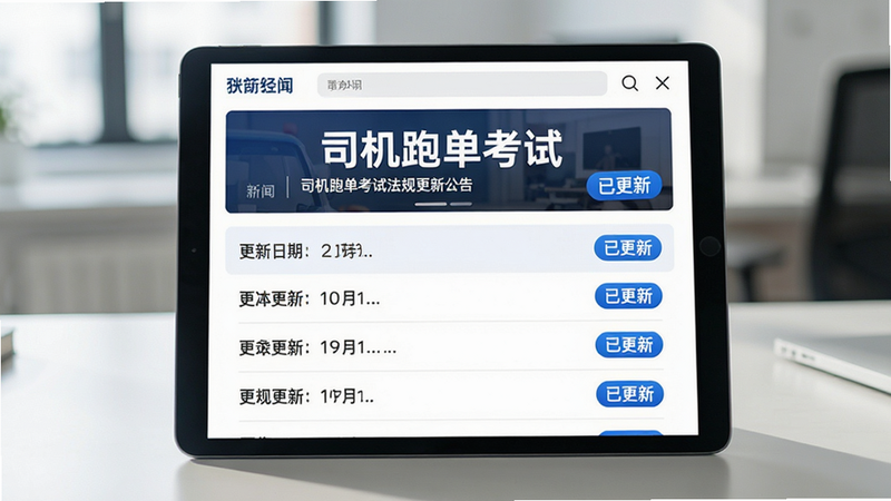 主体是平板电脑屏幕,显示“司机跑单考试”的法规更新公告页,布局为顶部横幅新闻,下方为更新日期列表,风格为新闻资讯风格,细节包含蓝色“已更新”徽章,画质高保真,干净,无多余元素