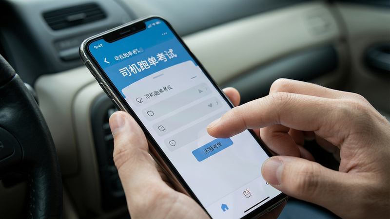 主体是手持手机的场景,屏幕显示“司机跑单考试”的答题界面,布局为单手操作视角,风格为写实摄影,细节包含手指点击屏幕的动作,画质真实,干净,无多余元素