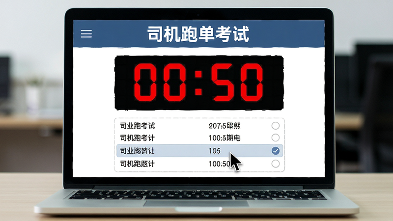 主体是笔记本电脑屏幕,显示“司机跑单考试”的模拟考试倒计时界面,布局中心为红色倒计时数字,下方为试题选项,风格为严肃专业的考试界面,细节包含鼠标光标悬停在选项上,画质清晰,干净,无多余元素