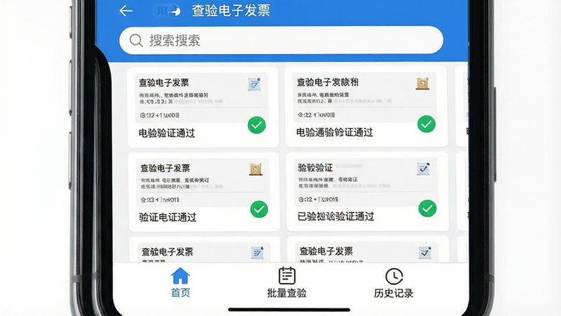 一张高清手机屏幕截图,主体显示“查验电子发票”APP界面,顶部为搜索栏,中间列表清晰展示多张已验证的电子发票缩略图,每张发票旁带有绿色对勾图标表示“验证通过”,底部导航栏包含“首页”、“批量查验”、“历史记录”三个图标,整体风格极简商务,白色背景,蓝色主色调,UI扁平化设计,高清,无多余元素