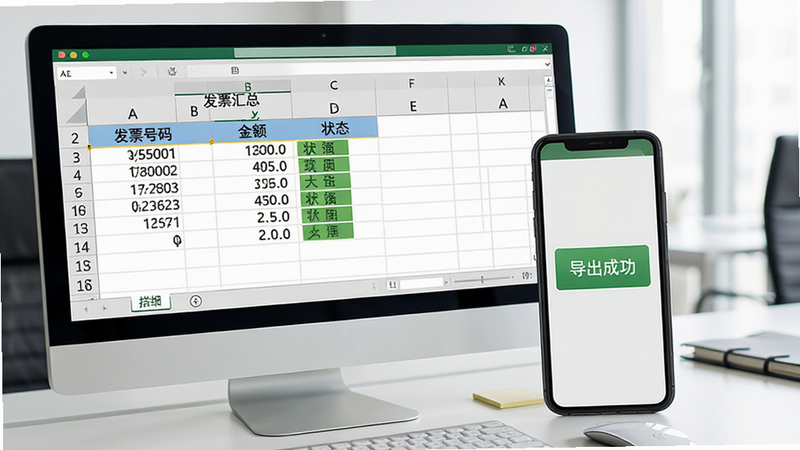 电脑桌面背景上显示一个Excel表格,表格内容为发票汇总数据,包括“发票号码”、“金额”、“状态”等列,旁边放置一部手机,手机屏幕显示“导出成功”提示,整体构图整洁,体现办公场景,商务风格,高清,色彩协调,无杂乱背景