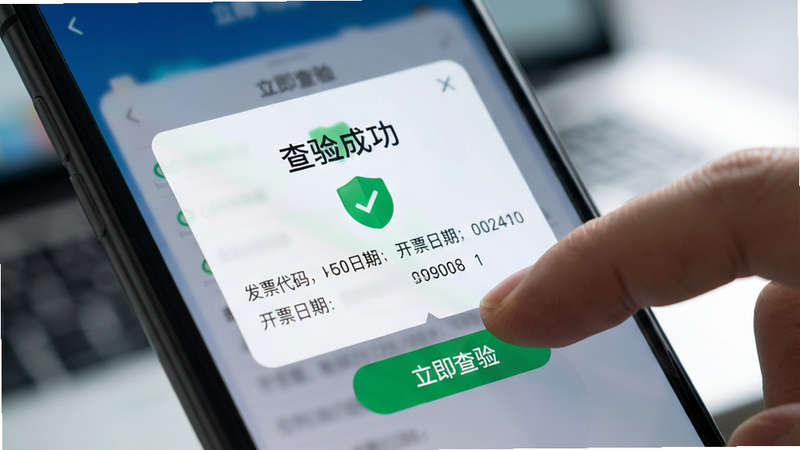 展示手机操作界面的特写镜头,手指正在点击“立即查验”按钮,屏幕中央弹出结果窗口,显示“查验成功”大字及绿色盾牌图标,下方列出“发票代码”、“开票日期”等信息,背景虚化处理,突出屏幕内容,科技感强,光线柔和,高清细节,无水印