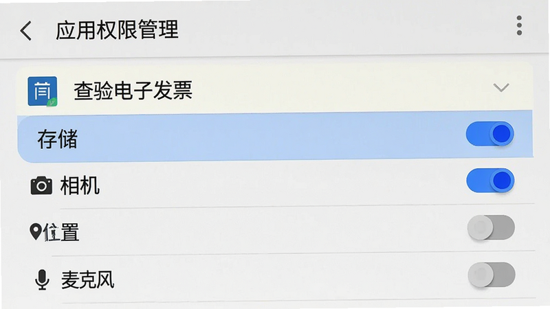 手机设置界面截图,显示“应用权限管理”页面,高亮显示“查验电子发票”应用的权限列表,其中“存储”和“相机”权限开关为蓝色开启状态,“位置”和“麦克风”为灰色关闭状态,界面简洁,Android风格,高清,无干扰元素