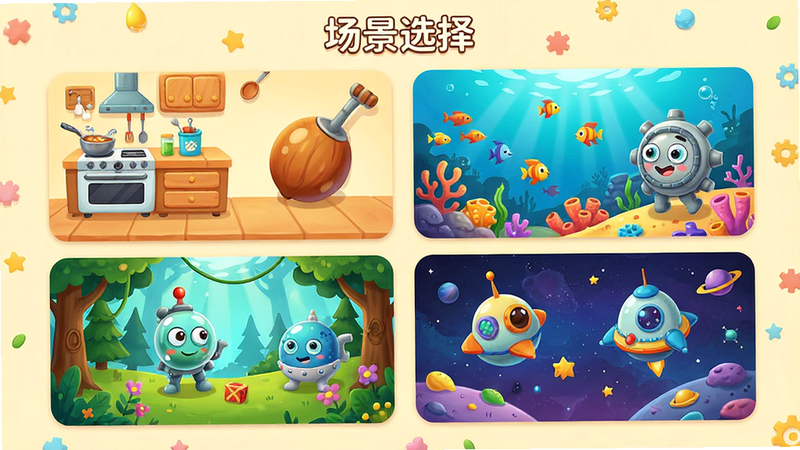 ����Ϊ��ͯȤ��ѹ��԰���ĳ���ѡ��˵����棬����Ϊ����״��Ƭ���У��Ű��������򣬷��Ϊ������ܰ�Ĳ廭�磬ϸ�ڰ����ĸ���Ƭ�ֱ�չʾ������ɭ�֡������̫�ճ�����ÿ����Ƭ���ж�Ӧ�Ĵ����Ե���ͼ�꣬��������������ɫ�ʱ��Ͷȸߣ��޶���װ�Σ����֡�����ѡ�񡱾�����ʾ