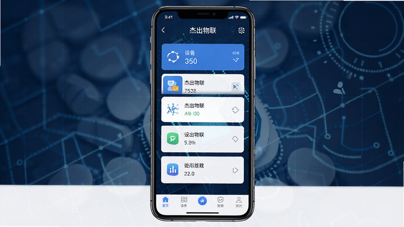 手机屏幕中央显示“杰出物联”APP主界面,背景为深蓝色科技网格,界面布局清晰,顶部为状态栏,中部为设备列表卡片,底部为导航栏,整体风格现代简洁,高清,无多余元素