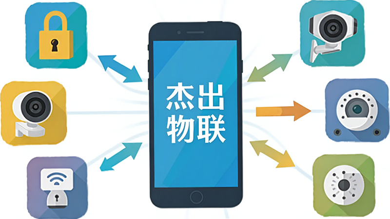 多个不同类型的智能硬件图标(如门锁、摄像头、传感器)围绕着一部手机,手机屏幕上显示“杰出物联”字样,箭头从设备指向手机,象征数据汇聚,扁平化设计风格,色彩鲜明,高清