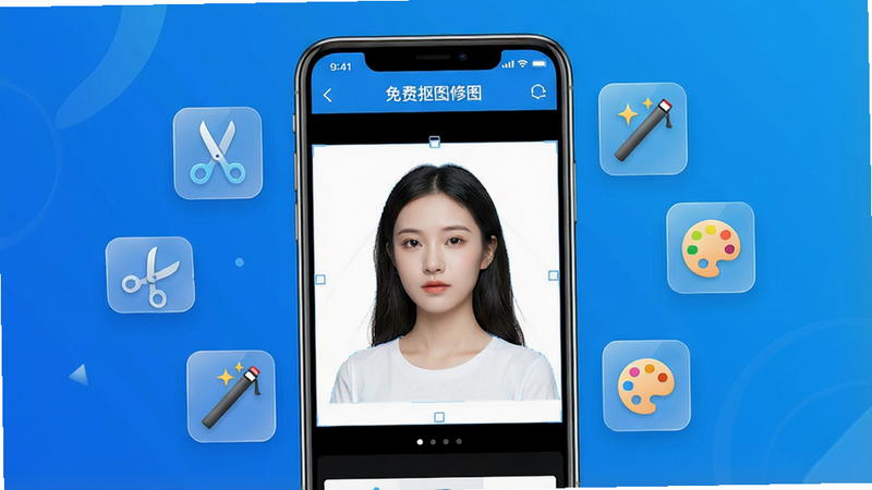 一张高清的手机应用宣传图,主体为一部现代智能手机,屏幕中央显示“免费抠图修图”App界面,界面中展示了一张正在被自动去除背景的人像照片,背景为纯白色,周围漂浮着几个半透明的功能图标,如剪刀、魔棒、调色盘,整体风格简约清新,科技感强,色彩以蓝白为主,画质清晰,无多余杂乱元素