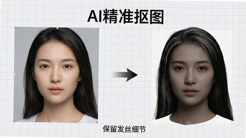 软件功能演示图,左侧显示一张原始人像照片,右侧显示抠图后的效果,中间用箭头连接,背景为浅灰色网格,突出显示发丝细节的保留情况,上方标注文字“AI精准抠图”,下方有小字说明“保留发丝细节”,整体布局左右对称,视觉重点突出,风格专业严谨,画质高清