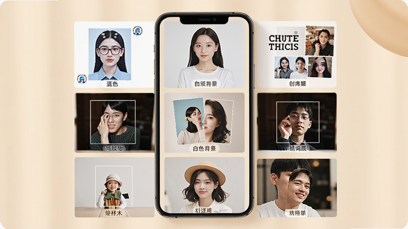 软件模板展示界面,手机屏幕中以九宫格形式排列多种修图模板,包括蓝色证件照、白色背景电商图、创意拼接图等,每个模板下方有简短名称,背景为柔和的米色,界面整洁有序,体现丰富性和便捷性,风格温馨实用,画质细腻