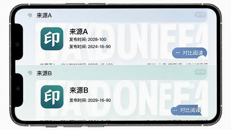 主体为印象资讯App的源对比视图,屏幕分为上下两部分,上方显示来源A的报道,下方显示来源B的报道。布局上下对称,排版对比鲜明,风格专业,细节处显示来源Logo和时间戳,画质锐利,干净,无多余元素,文字包含