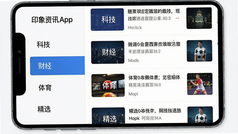 主体为印象资讯App的分类标签页,左侧为分类列表,右侧为对应的新闻列表。布局左右分栏,排版工整,风格扁平化,细节处显示标签选中状态高亮,画质清晰,干净,无多余元素,文字包含