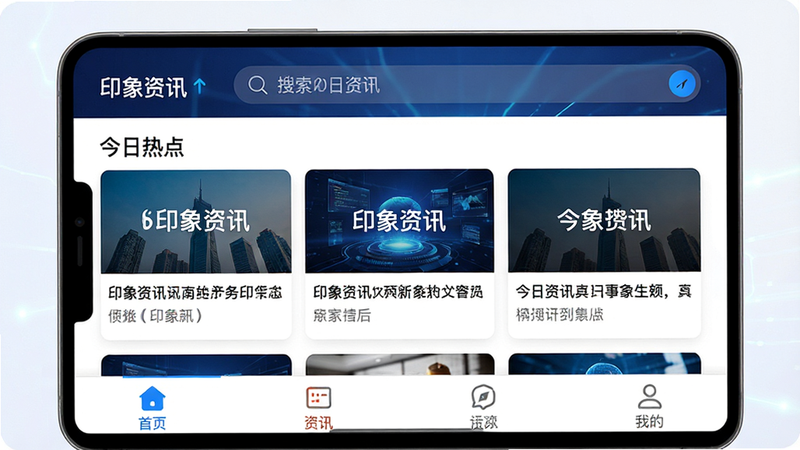 主体为印象资讯App的首页界面截图,布局整洁,顶部有搜索栏,中间展示新闻卡片,底部为导航栏。排版清晰,风格简约现代,细节处体现科技感,画质高清,干净,无多余元素,文字包含