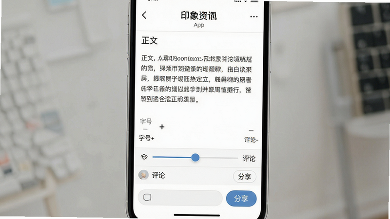 主体为印象资讯App的文章详情页,中间为正文内容,两侧留白,底部有评论区和分享按钮。布局居中,排版疏密有致,风格极简,细节处显示字号调节滑块,画质细腻,干净,无多余元素,文字包含