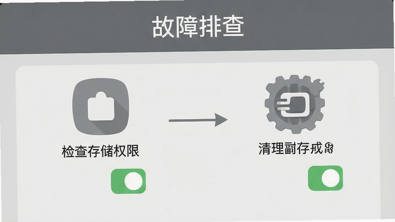 主体为手机故障排查界面,显示检查存储权限和清理内存的图标步骤。布局为流程图式,排版清晰,风格为实用主义灰色调,细节展示勾选状态,画质清晰,干净无装饰,文字显示“故障排查”