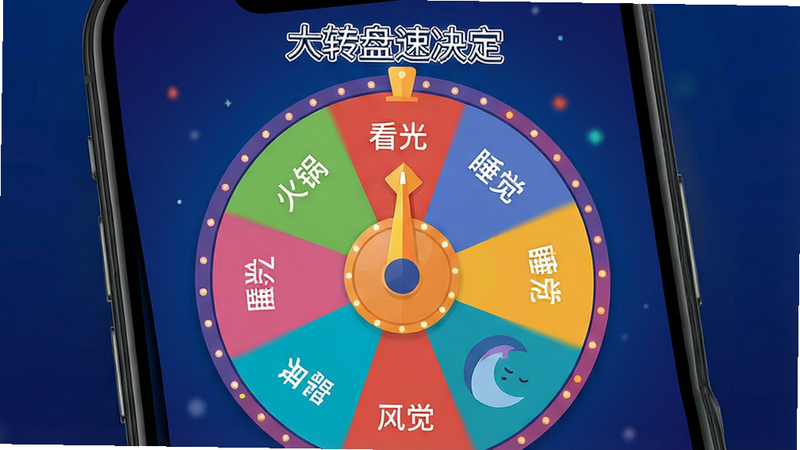 主体为手机屏幕特写,显示一个色彩鲜艳的大转盘界面,中心有指针,周围分布着“吃火锅”、“看电影”、“睡觉”等选项。布局简洁,背景为深蓝色渐变,排版居中,风格为现代扁平化UI设计,细节清晰,画质高清,干净无多余元素,文字显示“大转盘速决定”